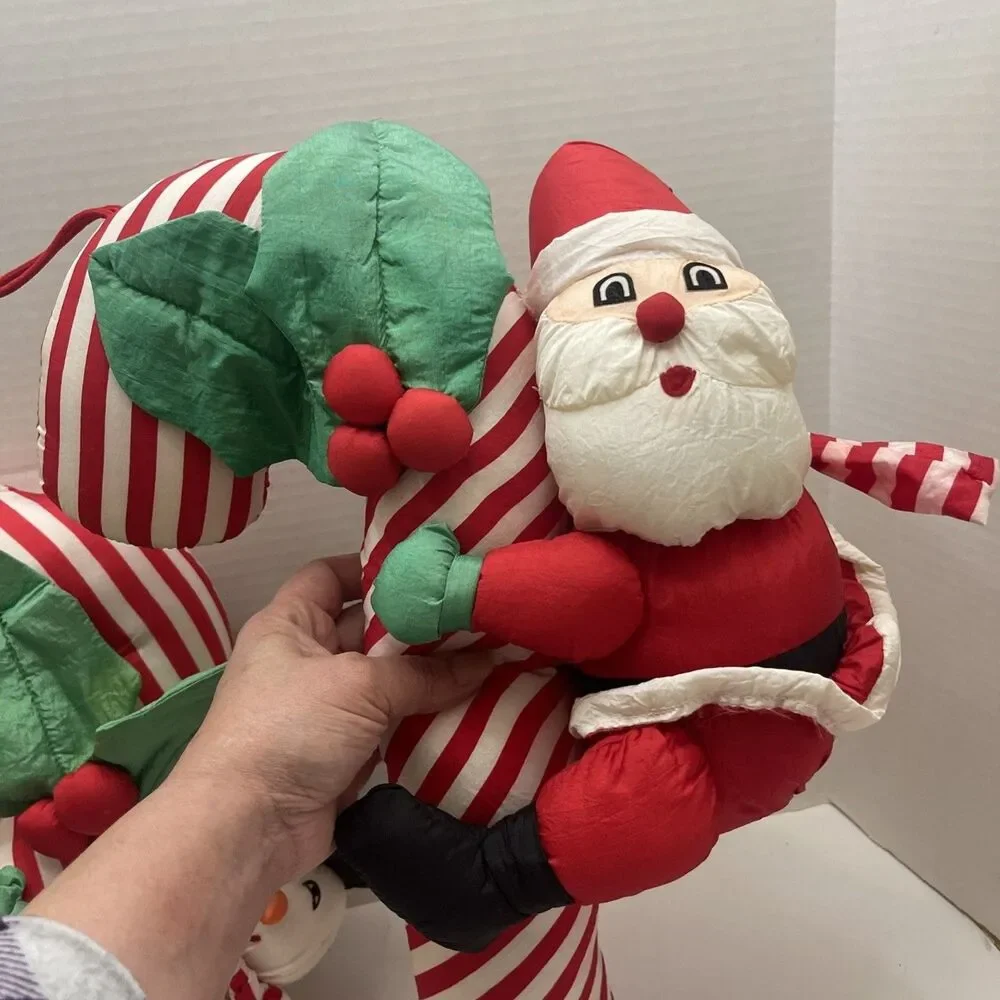 2 Vtg Inter. Silver Co Christmas Plush Parachute Nylon Santa Snowman 19” Hanging